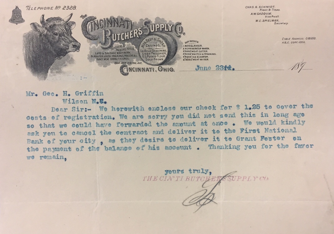 Foster buys butcher supplies. Black WideAwake