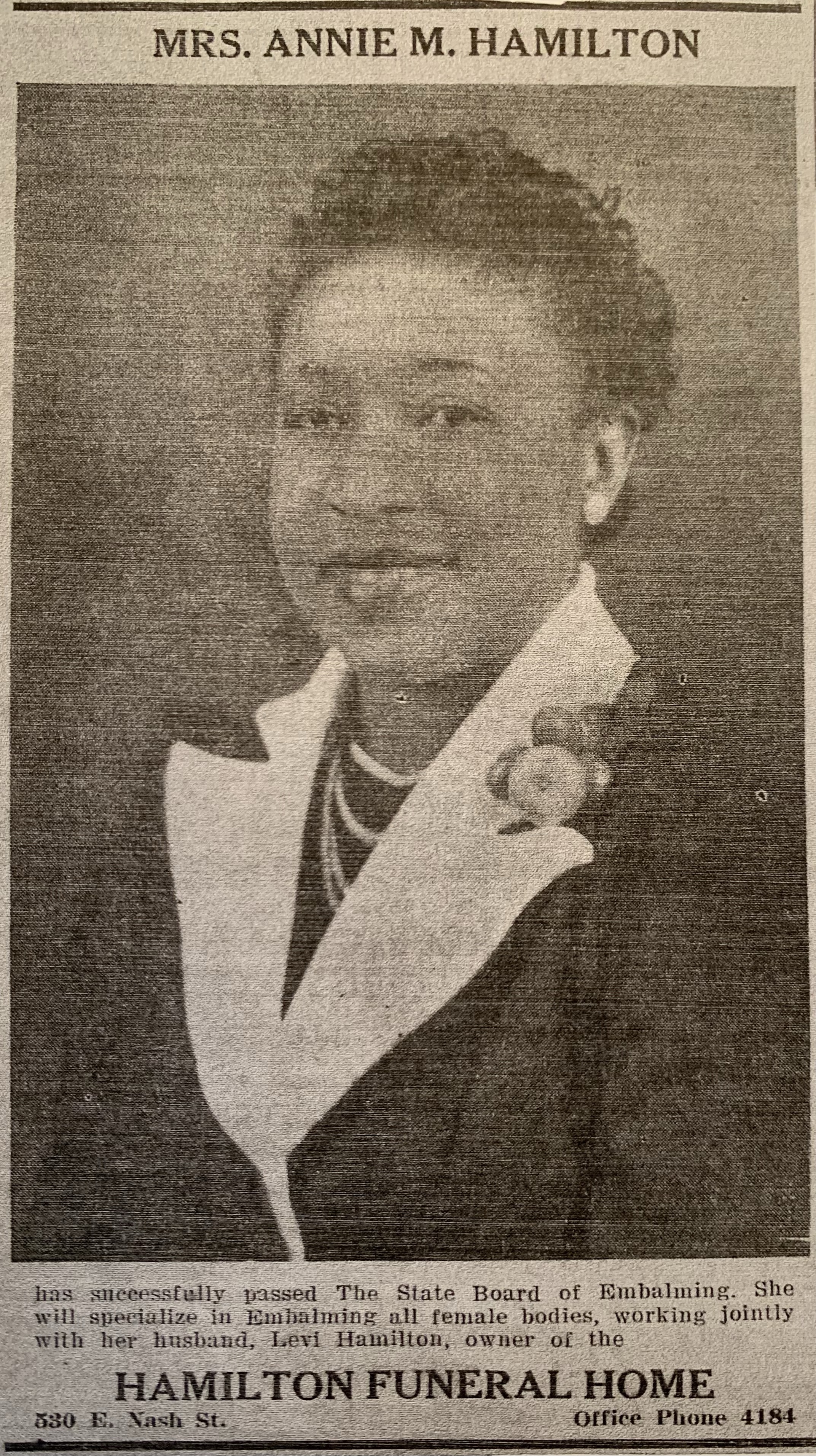 Mrs. Hamilton will specialize in embalming. | Black Wide-Awake